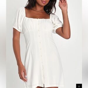 NWT Lulus Sweetest Darling White Linen Puff Sleeve Button-Up Mini Dress. Size M